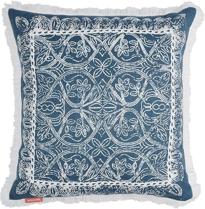 Indigo Ink - Decorative Pillow, Medallion Pillow with Fringe, Throw Pillows for Couch or Bed, Boho Home Decor, 20" x 20" (White Denim Collection, Navy Blue)