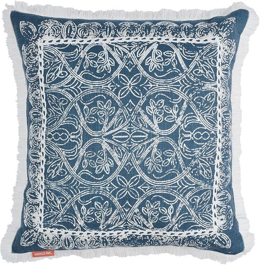 Indigo Ink - Decorative Pillow, Medallion Pillow with Fringe, Throw Pillows for Couch or Bed, Boho Home Decor, 20" x 20" (White Denim Collection, Navy Blue)
