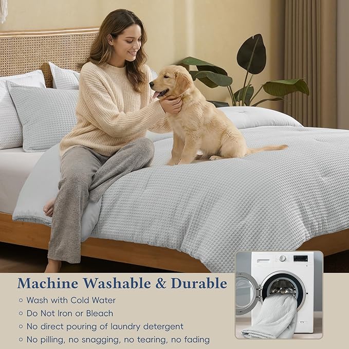 David's Home Waffle Weave Comforter Set 3PCS King Size, Soft Breathable Lightweight Cozy Skin-Friendly Warm for All Season, Elegant Aesthetic Home Decor Bedding Set with Pillow Shams, Light Grey
