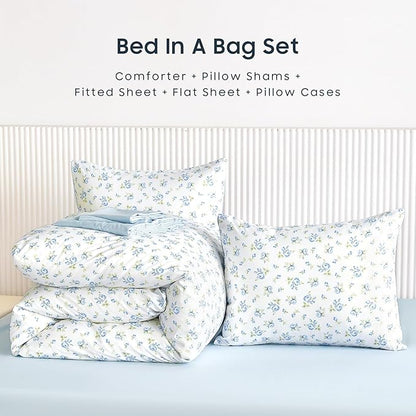 Wake In Cloud - Floral Comforter Set with Sheets, Coquette Cottagecore Aesthetic Flower Shabby Chic Pattern for Women Teen Girls, 7 Pieces Bed in a Bag, White Blue, Full Size