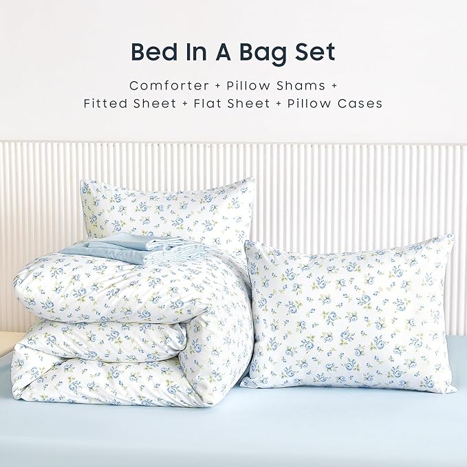 Wake In Cloud - Floral Comforter Set with Sheets, Coquette Cottagecore Aesthetic Flower Shabby Chic Pattern for Women Teen Girls, 5 Pieces Bed in a Bag, White Blue, Twin Size