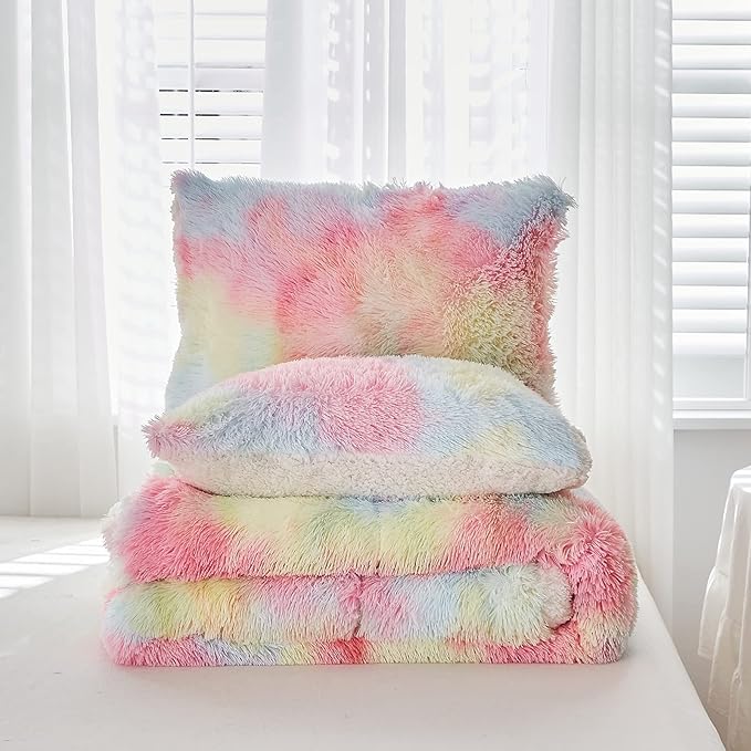 Flysheep Luxury Faux Fur Shaggy Fluffy Comforter Set King Size Colorful Rainbow Long Hair, 3 Pieces Plush Flannel Sherpa Backing Reversible Soft Microfiber Bedding Set Super Warm for Winter