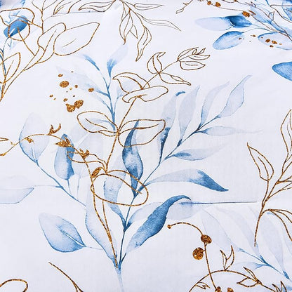 WONGS BEDDING Blue Comforter Set Full, 7 Pieces Botanical l Reversible Bed in a Bag Golden Blue Leaves Bedding Set Soft Microfiber (1 Comforter,2 Pillowcase,2 Pillow Shams,1 Flat Sheet,1 Fitted Sheet)
