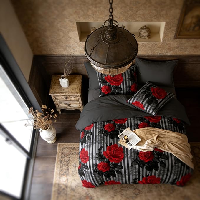 Black Floral Comforter Set Twin Size - Red Rose Pattern Soft Fluffy Black Grey Stripe Bedding Set for Girls Bedroom Decor - 2Piece Microfiber with 1 Pillowcases