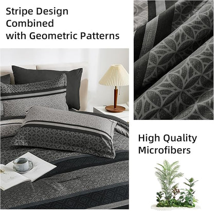 WONGS BEDDING 7 Pieces Comforter Set King Size, Dark Grey Black Striped Bed in a Bag Comforter and Sheet Set, Minimalist Geometric Soft Lightweight Micorfiber Bedding Set for All Season (90"×104")