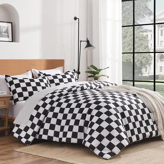 Andency Checkered Comforter Twin(66x90Inch), Black White Plaid Gingham Buffalo Grid Bedding Comforter Sets for Boys Kids Teens, 2 Pieces Lightweight Microfiber Geometric Preppy Bed Set