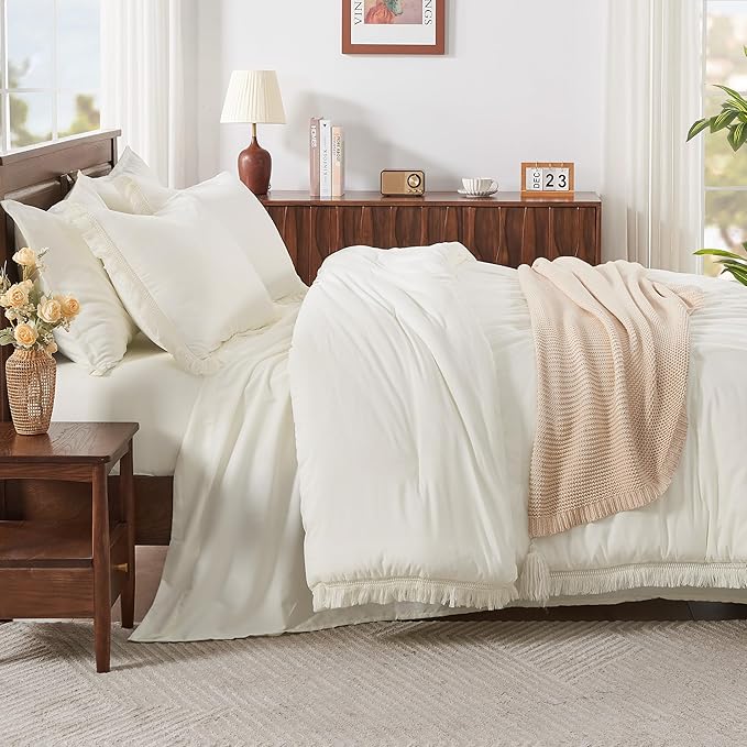 Andency Ivory Queen Size Comforter Set with Sheets - 7 Pieces Boho Tassel Bed in a Bag Soft Lightweight Bedding Sets, Ivory Fringe Bed Set with Comforter, Sheets, Pillowcases & Shams