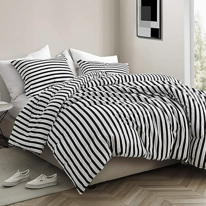 CLOTHKNOW Striped Comforter Sets Full Black White Bedding Comforter Sets Farmhouse Comforter Ticking Boho Comforter with 2 x Pillow Cases
