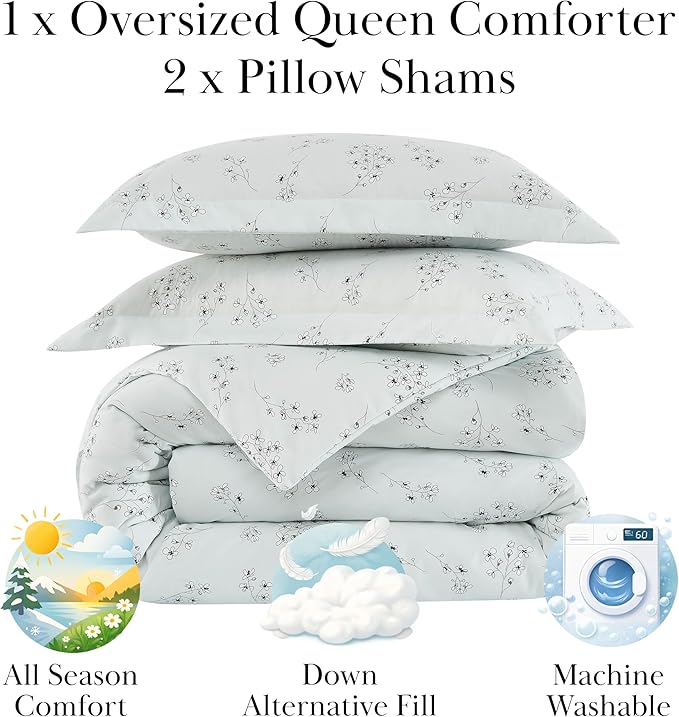 Southshore Fine Living, Inc. 3-Piece Comforter Full Size Set, Down Alternative All-Season Floral Comforter with Matching Shams, Soft Flowered Bedspread, Full or Queen Bedding, Sweet Florals Blue