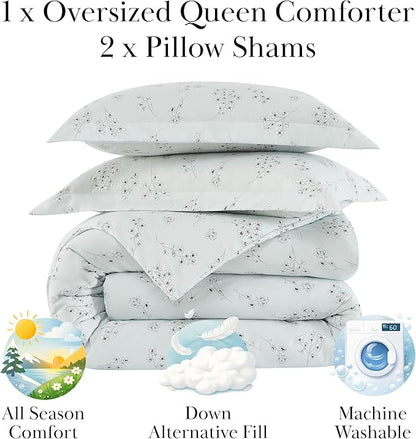 Southshore Fine Living, Inc. 3-Piece Comforter Full Size Set, Down Alternative All-Season Floral Comforter with Matching Shams, Soft Flowered Bedspread, Full or Queen Bedding, Sweet Florals Blue