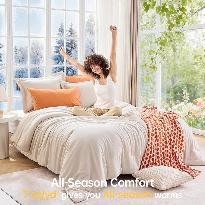 MUXHOMO Beige Oversized King Comforter Sets, All Season Ultra Soft Down Alternative Bedding - 3 Piece Lightweight Bed Set Includes 1 Comforter (120"x98") and 2 Pillow Shams (20"x36")