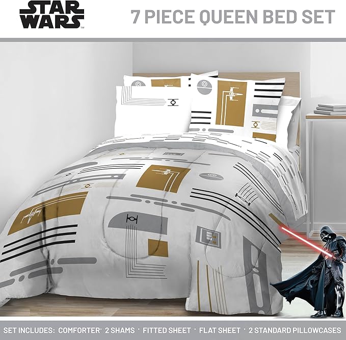 Jay Franco Comforter Set Includes Sheets and Pillow Covers - Soft and Cozy Bed Set for Stylish Room Decor, White - Star Wars, 7 Piece Queen Bedding
