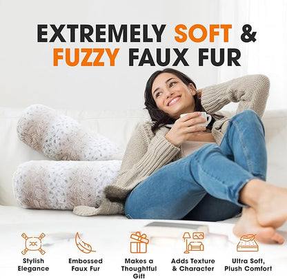 Cheer Collection Faux Fur Bolster Pillows – Soft Decorative Cylinder Pillows for Bed or Couch, Machine Washable – 8” x 24”, Set of 2, Snow Leopard