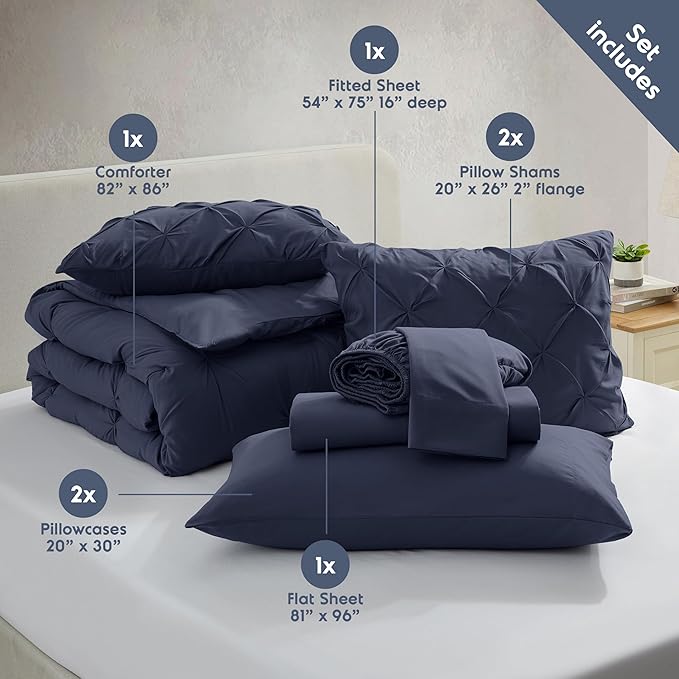 Nestl 7 Piece Comforter Set - Pinch Pleated Bedding, All Season Full Size Bed Set with Sheets, Comforter, Pillowcases and Shams in Navy