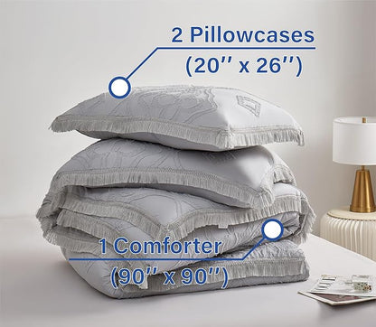 Boho Queen Comforter Set Grey 3 Pieces Tufted Tassel Comforter Set Queen Size Lightweight Queen Size Comforter Sets Farmhouse Shabby Chic Fluffy Gray Comforter Queen Bed Set Gift Choice