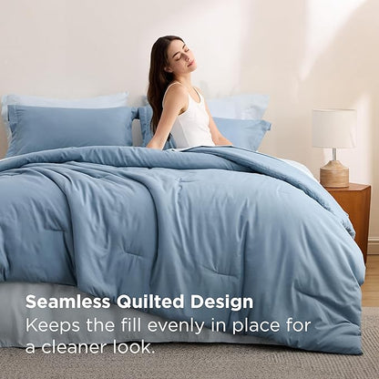 Bedsure King Size Comforter Set - 7 Pieces Grayish Blue King Bedding Set for All Seasons, Boho Contrasting Design Bed in a Bag with Comforter, Sheets, Pillowcases & Shams
