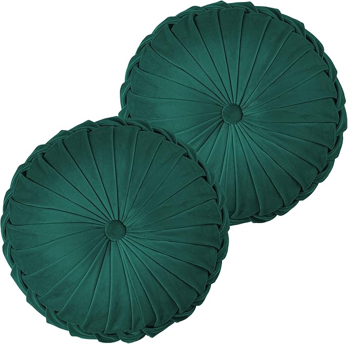 ROSE&RISY Round Pleated Velvet Throw Pillows, 2 Pcs Decorative Accent Pumpkin Pillow Cushion for Couch Sofa Chair Bed Car Home Decor (14.5 Inch, Teal)
