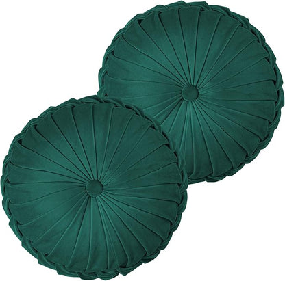 ROSE&RISY Round Pleated Velvet Throw Pillows, 2 Pcs Decorative Accent Pumpkin Pillow Cushion for Couch Sofa Chair Bed Car Home Decor (14.5 Inch, Teal)
