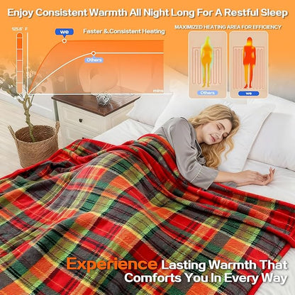 Electric Blanket Heated Throw, Soft Flannel 50"x60" Plaid Heating Blanket with 8 Hours Auto Off 10 Fast Heating Levels Machine Washable Sherpa Heated Blanket with Overheating Protection