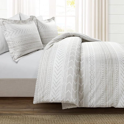 Lush Decor Hygge Geo Reversible 3 Piece Cotton Duvet Set, Full/Queen, Taupe & White