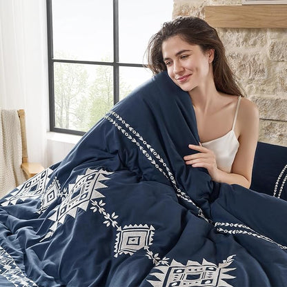 Embroidered Boho Comforter Set King Size, 3-Piece Western Shabby Chic Bedding Set - Fluffy Ultra Soft Microfiber with Intricate Design, Includes Comforter & 2 Pillowcases, Navy(102"x90")