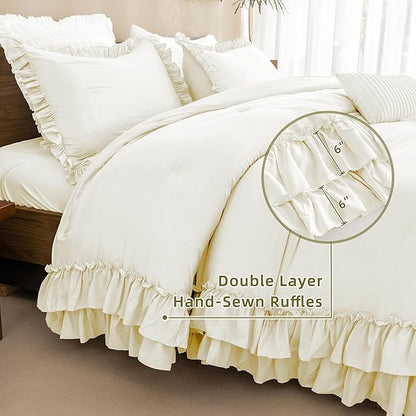 QSH Ruffled Comforter Queen Size, Shabby French Country Chic Bedding Ivory Comforter Sets, 3 Peices Farmhouse Lightweight Boho Comforter Set for Bed, Ultra Soft All Season Microfiber Fluffy Bedding