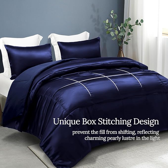 Whale Flotilla 3-Piece Reversible Silky Soft Queen Comforter Bedding Set, Luxurious Satin Comforters Full Size with 2 Satin Pillowcases, Lightweight Duvet for All Seasons, Navy