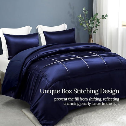 Whale Flotilla 3-Piece Reversible Silky Soft Queen Comforter Bedding Set, Luxurious Satin Comforters Full Size with 2 Satin Pillowcases, Lightweight Duvet for All Seasons, Navy