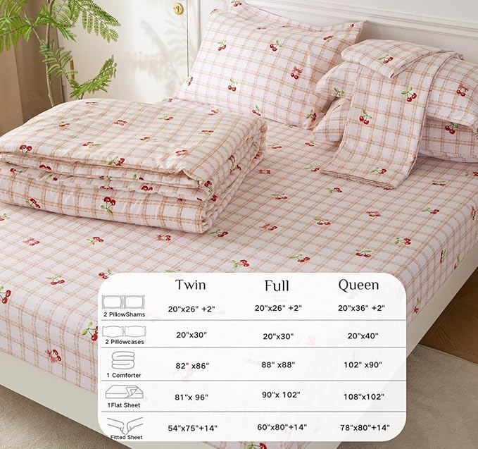 SDY 7PCS Pink Cherry Plaid Comforter and Sheet Set Queen Size, Super Cute Soft Microfiber Gingam Bedding Set for Kids with 1*Comforter,1* Flat Sheet, 1*Fitted Sheet.2*Pillowcases and PillowcaseShams