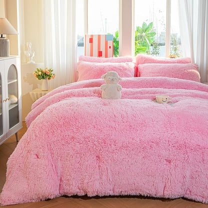 chovy Faux Fur Plush Light Pink Comforter Sets Twin/Full Size - Ultra Soft Shaggy Flannel Velvet Fluffy Fuzzy 3PC Bedding Set （Comforter x 1 Pillowcases x 2）