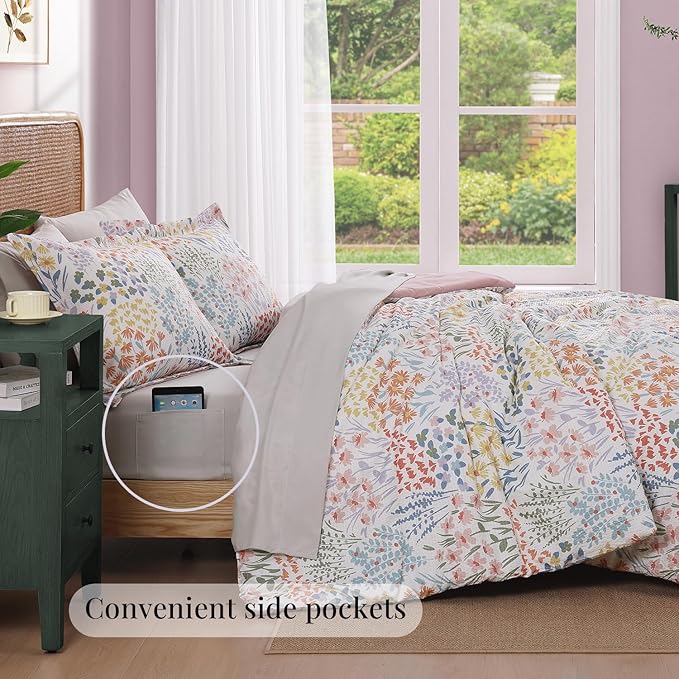 CASAAGUSTO Full Comforter Set, 7 PCS Pinkish Floral Comforter Set with Flowers Leaves Pattern, Soft Seersucker Design All Season Full Size Bedding Set(80"X90")