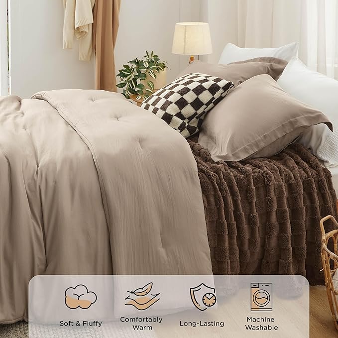 Bedsure Comforter Queen Size 5 Pieces - Queen Size Comforter Set with Checkered Throw Blanket and Decorative Pillow, Lightweiget Bedding, All Season Bedding Sets, Light Camel
