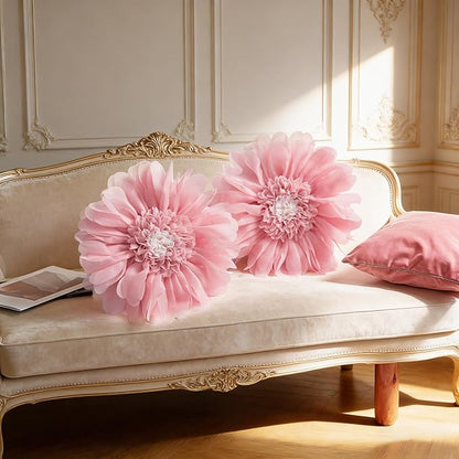 Handmade 3D Flower Round Throw Pillow Cute Decorative Daisy Accent Cushion Elegant Soft Floral Pillow with Insert for Couch Chair Car Bed Living Room Home Decor 14Inch Pink and White