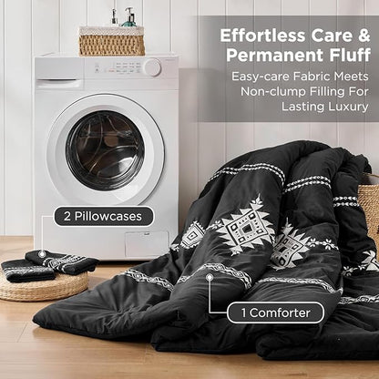 Embroidered Boho Comforter Set King Size, 3-Piece Western Shabby Chic Bedding Set - Fluffy Ultra Soft Microfiber with Intricate Design, Includes Comforter & 2 Pillowcases, Black(102"x90")
