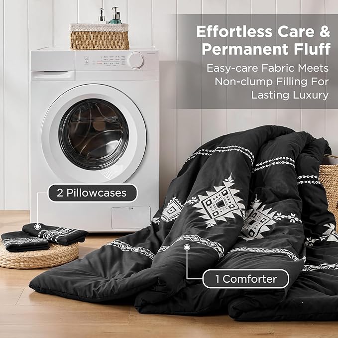 Embroidered Boho Comforter Set Full Size, 3-Piece Western Shabby Chic Bedding Set - Fluffy Ultra Soft Microfiber with Intricate Design, Includes Comforter & 2 Pillowcases, Black(82"x86")