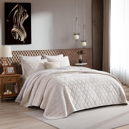 Homzard Velvet King Size Comforter Set, Luxury King Quilt, Cream White Bedding Set, Soft Bedspread, Lightweight for All Season