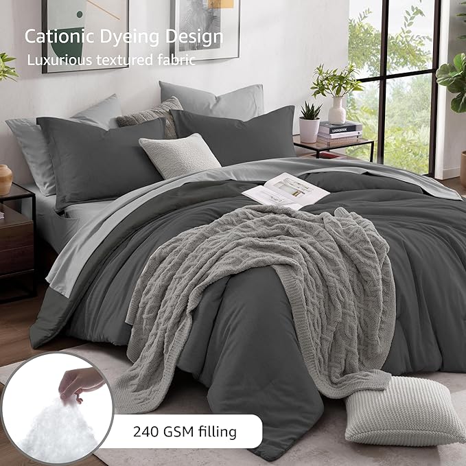 Monbix California King Comforter Set - 7 Pieces Cationic Dyeing Dark Grey Bed in a Bag Cal King Bed Sets with Comforter, Sheets, Pillowcases & Shams, Reversible Bedding Comforters Sets