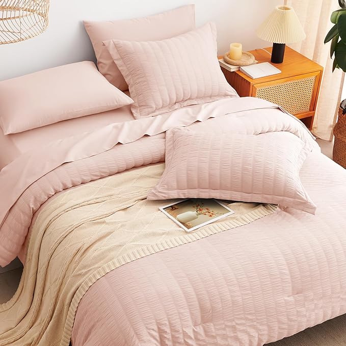 CozyLux Twin XL Comforter Set with Sheets Seersucker Blush Pink 5 Pieces Bed in a Bag, Twin Extra Long Luxury Bedding Sets for College Dorm with Down Alternative Comforter, Sheets, Pillowcases & Shams