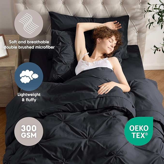 Nestl Twin Comforter Set 5 Piece - Pintuck Twin Bedding Sets Black, College Dorm Room Essentials for Girls and Boys Bed in a Bag Twin All Season, Twin Comforter Set with Sheets, Pillowcase and Sham