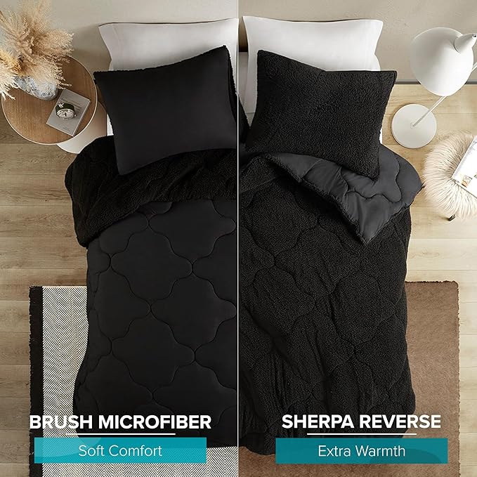 Comfort Spaces Comforter Set, Chic Reversible Quatrefoil Quilting, Sherpa Comforters King, All Seasons, Lightweight Microfiber Bedding Set Matching Sham, Vixie, King Black/Black 3 Piece