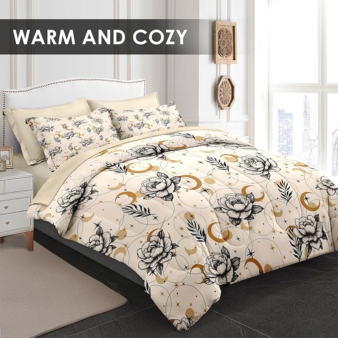 Comforter Set Twin Size, Lilies Orange Pink Flowers 5 Pcs Bedding for Kids and Adults, Floral Blossom Hawaii Bed Sheet Sets with Fitted Sheet Pillowcase & Sham for Bedroom Bed Decor