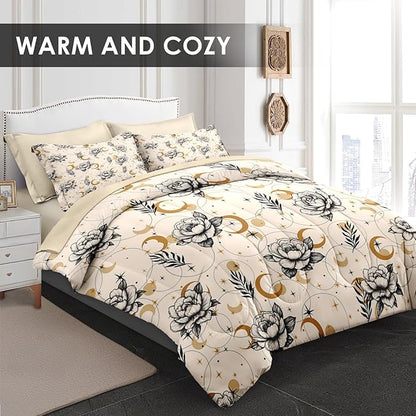 Comforter Set King Size, Flower Boho Astrology 7 Pcs Bedding for Kids and Adults, Tarot Bohemian Floral Bed Sheet Sets with Fitted Sheet 2 Pillowcases & 2 Shams for Bedroom Bed Decor
