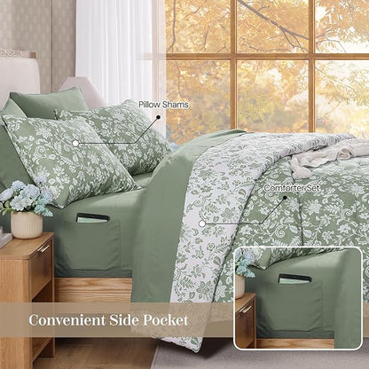 Twin XL Comforter Set -5 Pieces Floral Grey Green Bedding Set for All Seasons, Bed in a Bag with Botanical Flowers Comforter, Sheets, Pillowcase & Sham