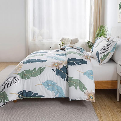 Caressma Boho Comforter Set Queen-3 Pieces Bohemian Queen Size Comforter Set, Tropical Botanical Palm Leaf Bedding Sets for All Season Soft Fluffy Lightweight(1 Comforter & 2 Pillowshams)