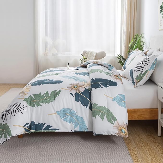 Caressma Boho Comforter Set Twin Bohemian Twin Size Comforter Set, Tropical Botanical Palm Leaf Bedding Sets for All Season Soft Fluffy Lightweight(1 Comforter & 1 Pillowshams)