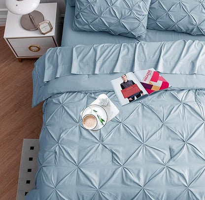 LANE LINEN Twin Comforter Set - 5 Piece - Elegant Pintuck Stitch Design Bedding - with 1 Comforter, 1 Pillowcase, 1 Sham, 1 Flat & 14" Fitted Sheet - Super-Soft, All-Season Everyday Use – French Blue | Everyday soft touch, Fade resistant, Wrinkle resis...