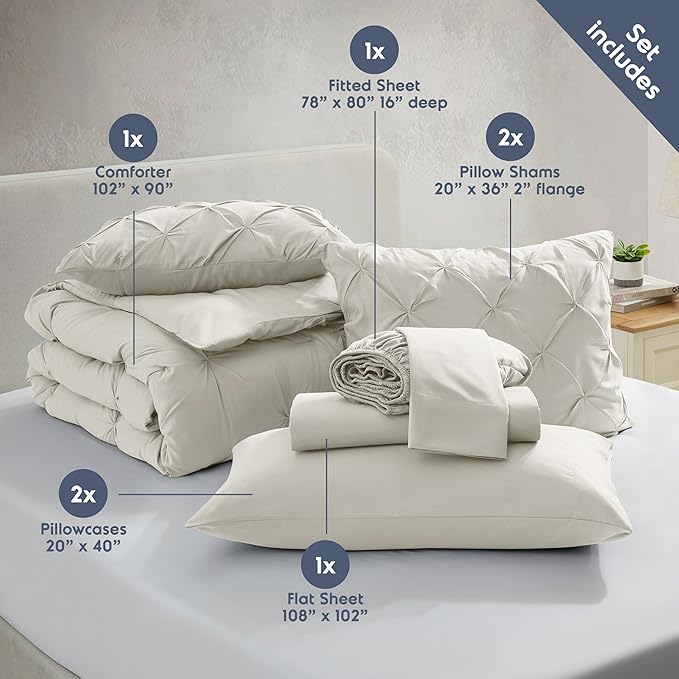 Nestl King Size Comforter Set - 7 Piece Pinch Pleated Bed in a Bag, Off White, All Season Bedding With Flat Sheet, Fitted Sheet, Pillowcases and Shams