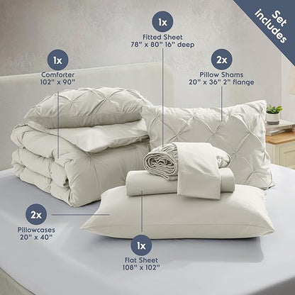 Nestl King Size Comforter Set - 7 Piece Pinch Pleated Bed in a Bag, Off White, All Season Bedding With Flat Sheet, Fitted Sheet, Pillowcases and Shams