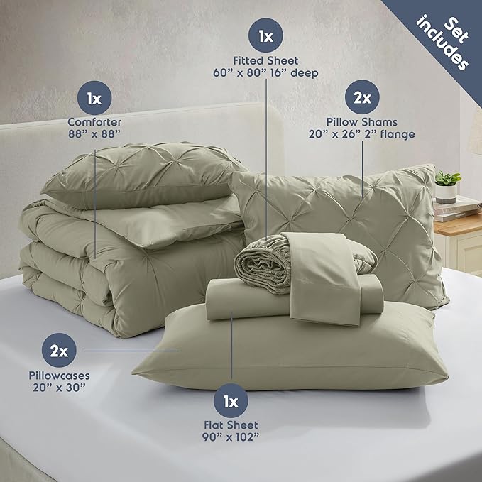 Nestl Queen Comforter Set 7 Piece - Pinch Pleated Comforters Queen Size Light Sage, Bed in a Bag Queen All Season, Queen Size Comforter Set Bedding with Flat Sheet, Fitted Sheet, Pillowcases and Shams