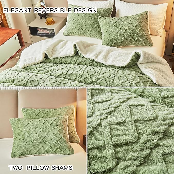 Joyreap 3-Piece Fluffy Faux Fur Sherpa Comforter Set Green, Twin Size Luxury Tufted Bedding Comforter Set, All Season Soft n Cozy Plush Comforter Bed Set- 68x86 inches